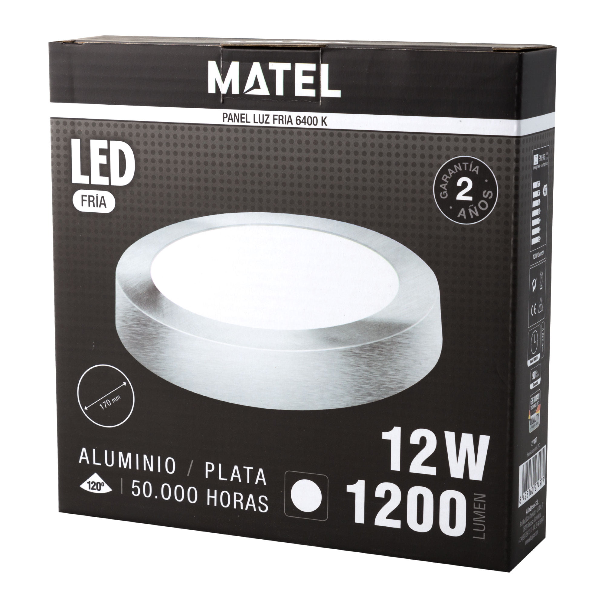 DOWNLIGHT LED MATEL SUPERFICIE REDONDO PLATA 12W FRÍA en caja